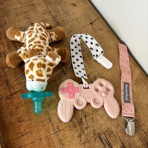Plush Giraffe and Pink Game Controller Pacifier Set with clips